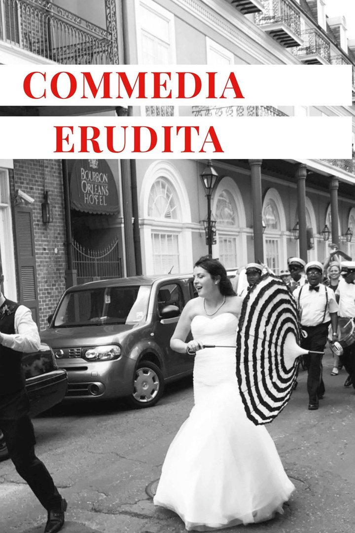 Cover of Commedia Erudita by David Bettencourt: a black-and-white New Orleans street scene — a bride with a striped parasol and a second-line band — with the title set in red.